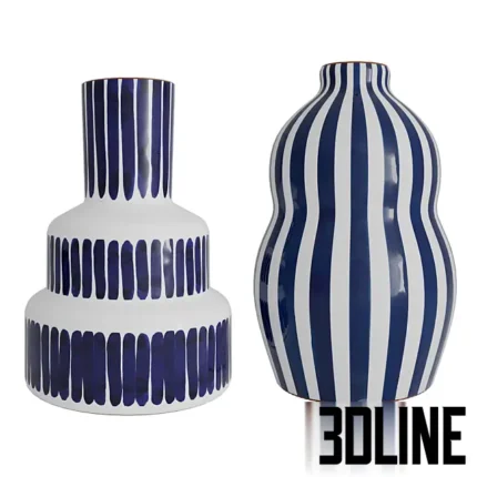 3D model set of two Casa Cubista style ceramic vases featuring bold hand-painted vertical blue and white stripes, in tiered cylinder and bulbous shapes.