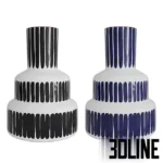 3D model set of two Casa Cubista style ceramic vases featuring bold hand-painted vertical blue and white stripes, in tiered cylinder and bulbous shapes.