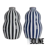 3D model set of two Casa Cubista style ceramic vases featuring bold hand-painted vertical blue and white stripes, in tiered cylinder and bulbous shapes.