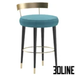 3D model set of the San Trope bar stool by Cazarina Interiors, featuring a round velvet seat, curved brass backrest, and black tapered legs with gold ferrules.