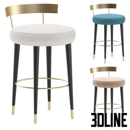3D model set of the San Trope bar stool by Cazarina Interiors, featuring a round velvet seat, curved brass backrest, and black tapered legs with gold ferrules.