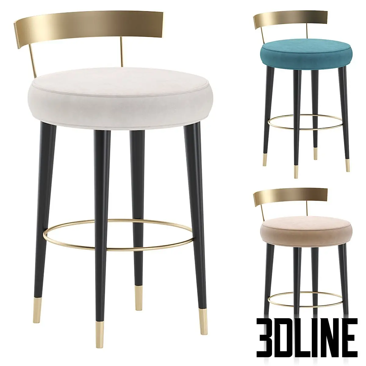 Cazarina Interiors San Trope Bar Stool 3D Model 3D model set of the San Trope bar stool by Cazarina Interiors, featuring a round velvet seat, curved brass backrest, and black tapered legs with gold ferrules.