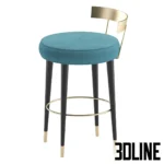 3D model set of the San Trope bar stool by Cazarina Interiors, featuring a round velvet seat, curved brass backrest, and black tapered legs with gold ferrules.