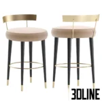 3D model set of the San Trope bar stool by Cazarina Interiors, featuring a round velvet seat, curved brass backrest, and black tapered legs with gold ferrules.