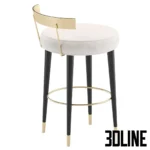 3D model set of the San Trope bar stool by Cazarina Interiors, featuring a round velvet seat, curved brass backrest, and black tapered legs with gold ferrules.