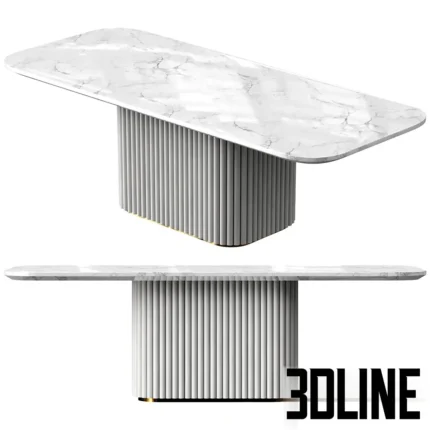 3D model of the Cazarina Winton dining table featuring a white marble top with rounded corners and a massive ribbed pedestal base with gold trim.