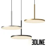 3D model set of Centrsvet Limb pendant lamps featuring ultra-thin flat circular discs in gold, silver, and black finishes, suspended by a central rod.