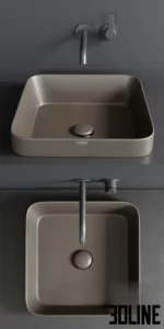 3D model of the Ceramica Cielo Enjoy 40 rectangular washbasin designed by Karim Rashid, shown in a matte taupe finish with a wall-mounted black faucet and color palette options.