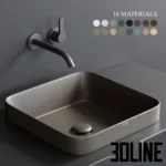 3D model of the Ceramica Cielo Enjoy 40 rectangular washbasin designed by Karim Rashid, shown in a matte taupe finish with a wall-mounted black faucet and color palette options.