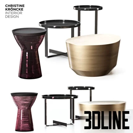 3D model set of Christine Kröncke Interior Design tables, including the gold brass Midas drum table and glass-topped Noxx/Cross side tables in various heights.