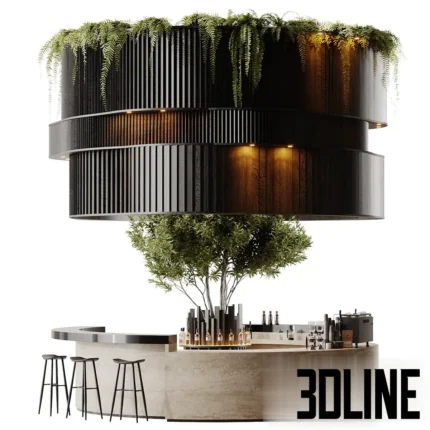 3D model of a spectacular circular bar counter featuring a central live tree, a suspended wooden slat ceiling structure with hanging ferns, and modern bar stools.