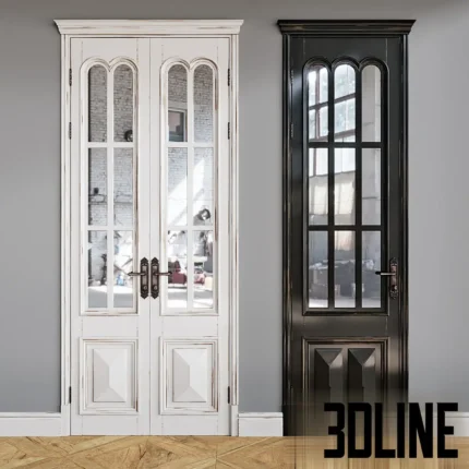 3D model set of the Inter Furniture Venezia Vignole classic doors featuring glass panes with arched tops, available in white distressed wood and black finishes.