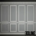3D model set of classic wall moldings and wainscoting featuring rectangular panel frames, chair rails, and crown molding on a grey wall.