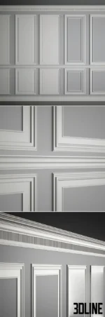 3D model set of classic wall moldings and wainscoting featuring rectangular panel frames, chair rails, and crown molding on a grey wall.