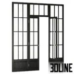 3D model of a large classical wooden partition featuring double French doors with brass handles, flanked by fixed glass side panels and a transom window, all in a natural oak finish.