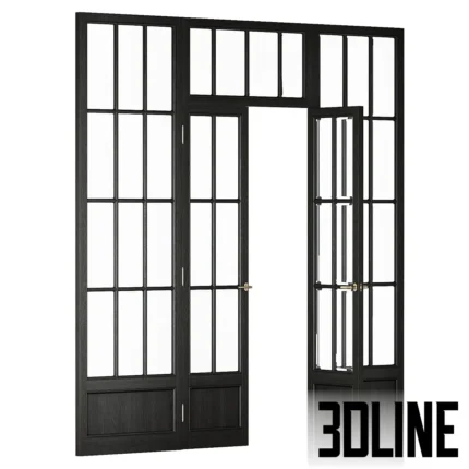 3D model of a large classical wooden partition featuring double French doors with brass handles, flanked by fixed glass side panels and a transom window, all in a natural oak finish.