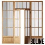 3D model of a large classical wooden partition featuring double French doors with brass handles, flanked by fixed glass side panels and a transom window, all in a natural oak finish.