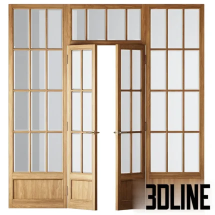 3D model of a large classical wooden partition featuring double French doors with brass handles, flanked by fixed glass side panels and a transom window, all in a natural oak finish.