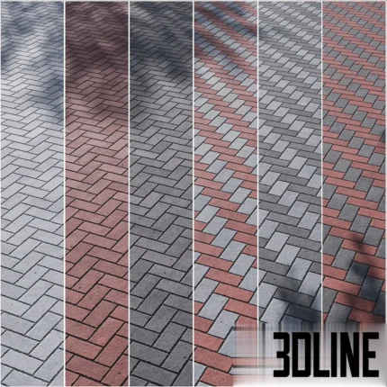 3D texture set of concrete paving slabs arranged in a herringbone pattern, available in grey, red terracotta, and charcoal black color variations.
