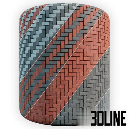 3D texture set of concrete paving slabs arranged in a herringbone pattern, available in grey, red terracotta, and charcoal black color variations.