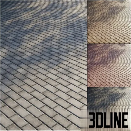 3D visualization of concrete paving slabs arranged in a running bond pattern, available in grey, beige, and reddish-brown colors with realistic dirt and ambient occlusion details.