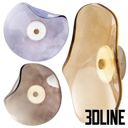 3D model set of contemporary wall sconces featuring organic, melted-style glass shades in purple, amber, and smoked grey colors with a central metal disc.