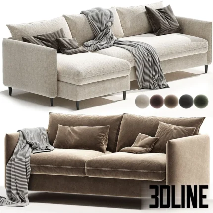 3D model of the Costabella Palermo sectional sofa with a chaise lounge, upholstered in beige and brown fabric, styled with striped throws and scatter cushions.