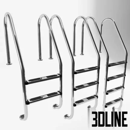 3D model set of Cripsol Standard swimming pool ladders made of polished stainless steel, featuring 3 and 4 step variations with black non-slip plastic treads.