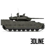 3D model of the CV90 (Strf 90) Infantry Fighting Vehicle in green camouflage, featuring detailed tank tracks, a rotating turret with a cannon, and optical sensor equipment.