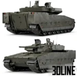 3D model of the CV90 (Strf 90) Infantry Fighting Vehicle in green camouflage, featuring detailed tank tracks, a rotating turret with a cannon, and optical sensor equipment.