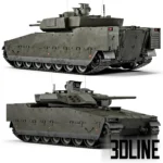 3D model of the CV90 (Strf 90) Infantry Fighting Vehicle in green camouflage, featuring detailed tank tracks, a rotating turret with a cannon, and optical sensor equipment.