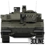 3D model of the CV90 (Strf 90) Infantry Fighting Vehicle in green camouflage, featuring detailed tank tracks, a rotating turret with a cannon, and optical sensor equipment.