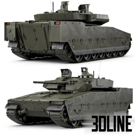 3D model of the CV90 (Strf 90) Infantry Fighting Vehicle in green camouflage, featuring detailed tank tracks, a rotating turret with a cannon, and optical sensor equipment.