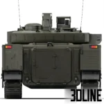 3D model of the CV90 (Strf 90) Infantry Fighting Vehicle in green camouflage, featuring detailed tank tracks, a rotating turret with a cannon, and optical sensor equipment.