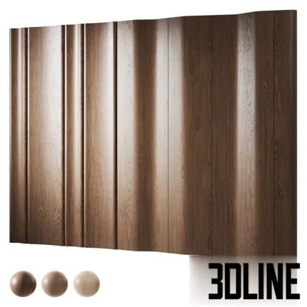 3D model of a decorative wooden wall panel featuring a vertical wavy relief pattern in a dark walnut finish, creating a fluid and rhythmic surface.
