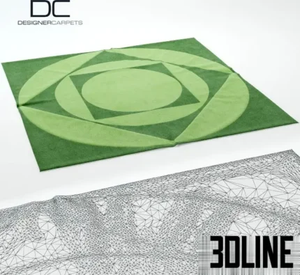 3D visualization of the Designer Carpets VP2 rug featuring a bold green geometric pattern with a circle-in-square design inspired by Verner Panton.