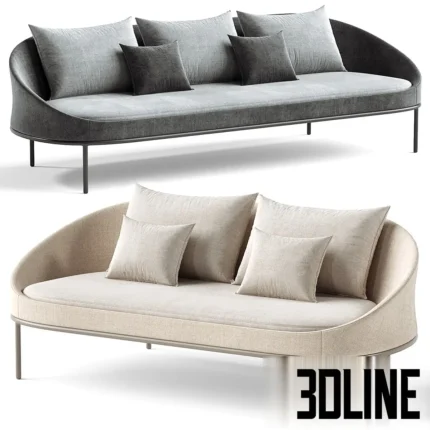 3D model of the Dor outdoor sofa featuring a sleek curved backrest, thin metal legs, and plush grey and beige cushions.
