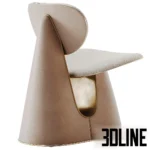 3D model of the Elever Lounge Chair featuring a unique conical base and curved seat upholstered in beige leather, with a gold metal backing and accents.
