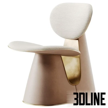 3D model of the Elever Lounge Chair featuring a unique conical base and curved seat upholstered in beige leather, with a gold metal backing and accents.