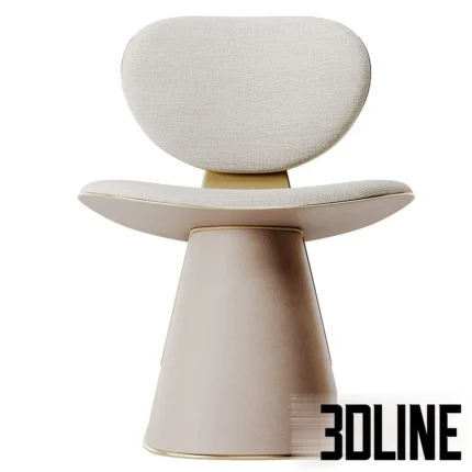 3D model of the Elever Lounge Chair featuring a unique conical base and curved seat upholstered in beige leather, with a gold metal backing and accents.