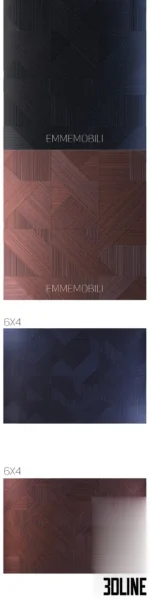 3D model of Emmemobili Stripes Boiserie wall paneling featuring a geometric pattern of diagonal and vertical wood slats in a dark rich finish.