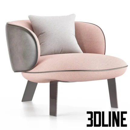 3D model of the Enne Vega armchair featuring a pink fabric seat and a contrasting grey leather curved backrest on dark metal legs.