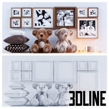 3D model set of home decor including a gallery wall of wooden photo frames with black and white family portraits, two plush teddy bears, and a stack of patterned pillows.