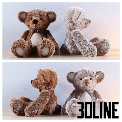 3D model set of home decor including a gallery wall of wooden photo frames with black and white family portraits, two plush teddy bears, and a stack of patterned pillows.