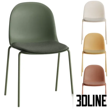 3D model set of the Fires dining chair (Divan.ru) featuring a smooth molded shell backrest, upholstered seat pad, and thin metal legs in green, white, yellow, and terracotta colors.