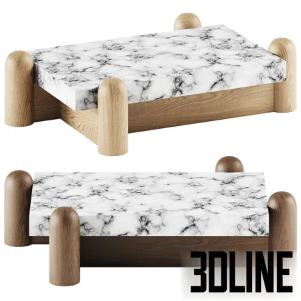 3D model of the Flo coffee table designed by Aro Vega, featuring a thick white marble slab top supported by chunky cylindrical oak wood legs at the corners.