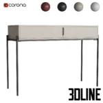 3D model of the Flow console table featuring a sleek burgundy storage box top with drawers, supported by thin minimalist black metal legs.
