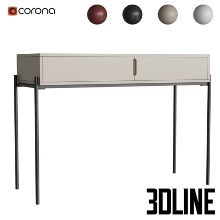 3D model of the Flow console table featuring a sleek burgundy storage box top with drawers, supported by thin minimalist black metal legs.