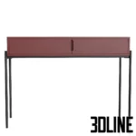 3D model of the Flow console table featuring a sleek burgundy storage box top with drawers, supported by thin minimalist black metal legs.