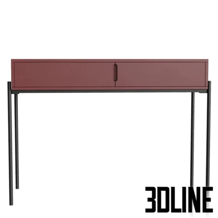 3D model of the Flow console table featuring a sleek burgundy storage box top with drawers, supported by thin minimalist black metal legs.